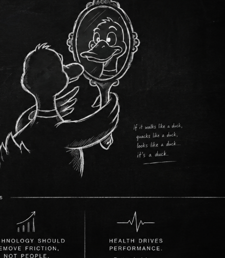 Chalk sketch of a duck looking at its reflection in a hand mirror